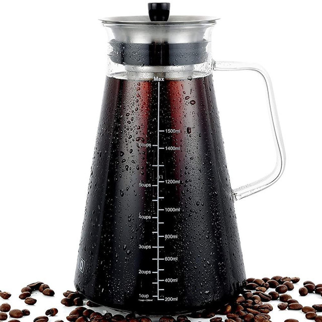 Airtight Cold Brew Coffee (Iced Tea) Maker 1.5 L, BPA-Free, Durable Borosilicate Glass Pitcher and Stainless Steel Fine-Mesh Filter, Dishwasher Safe, Spill-proof, 6 Cups Capacity