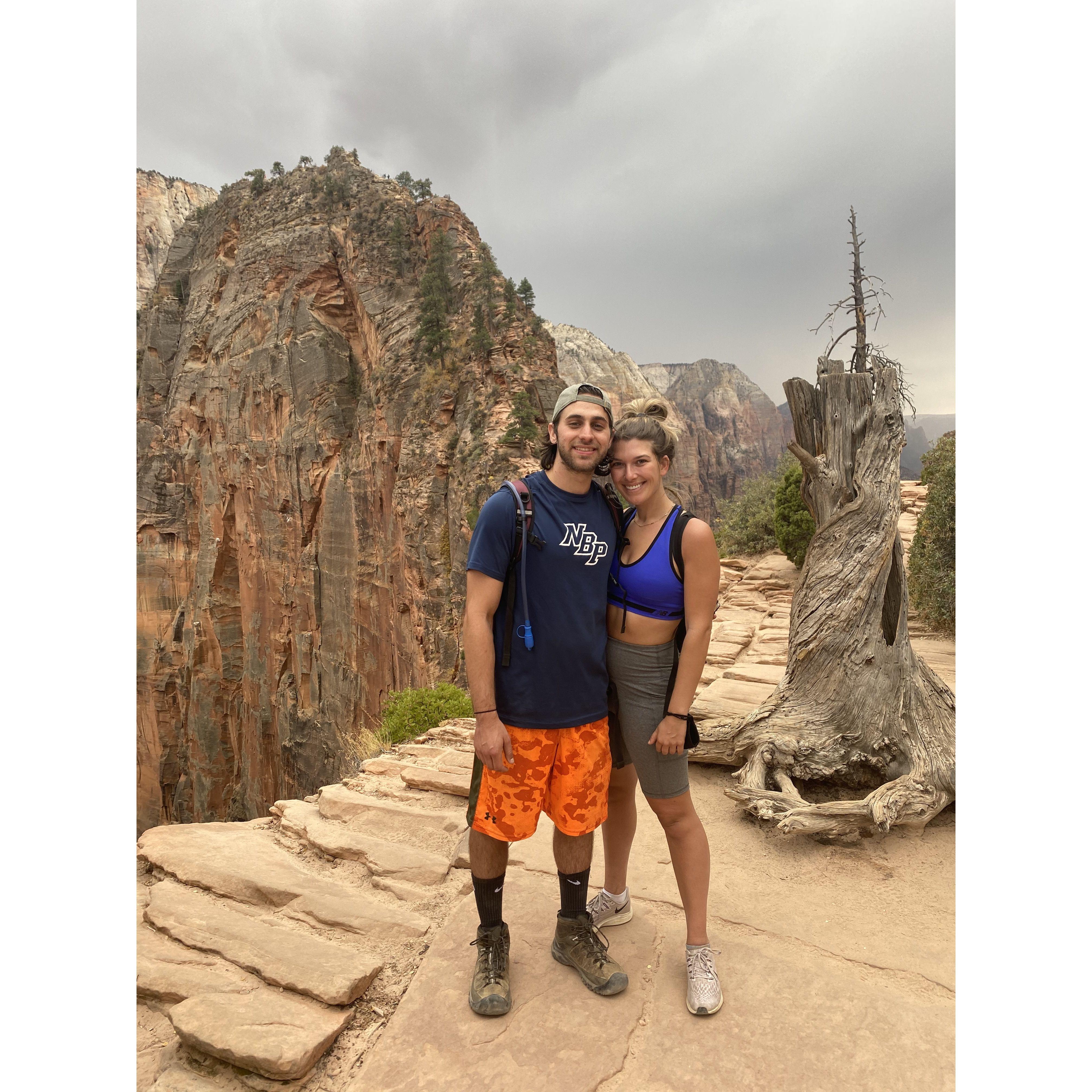 Hiking Angels Landing in Zion National Park on our cross country roadtrip as a new couple!