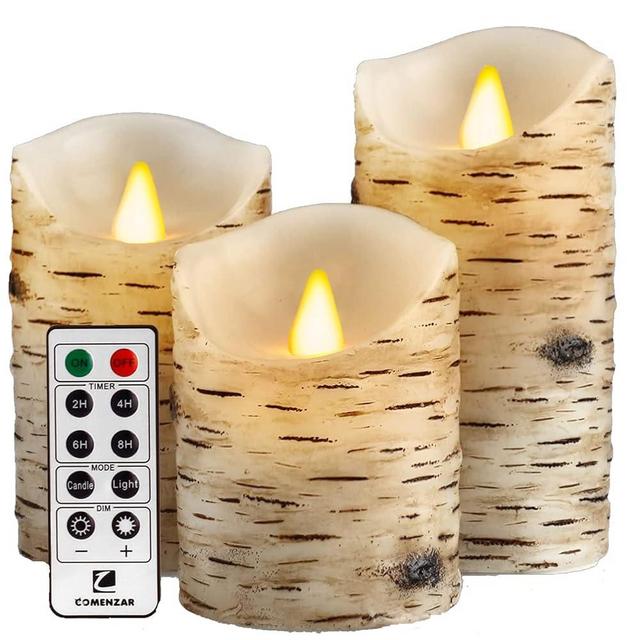 Comenzar Flameless Candles Birch Bark Candles LED Candles Birch Grain Candles(H: 456" x D: 3.25") Electric Candle Battery Operated Candles Faux Candles with Remote Timer Pack 3