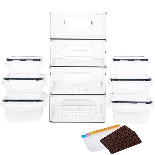 4 Pack Fridge Organizer Bins - 6 Pack Plastic Freezer Food Container Set Stackable Refrigerator Organizers Clear Pantry Organization and Storage for kitchen