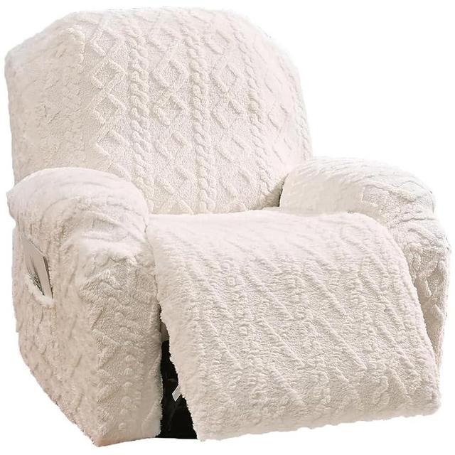 4 Pieces Recliner Chair Covers, Geometric Jacquard Plush Recliner Slipcovers, Couch Sofa Covers, Soft Fuzzy Fluffy Anti-Slip Furniture Protector for Kids Cats Dogs Elastic Bottom (Cream,1 Seat)