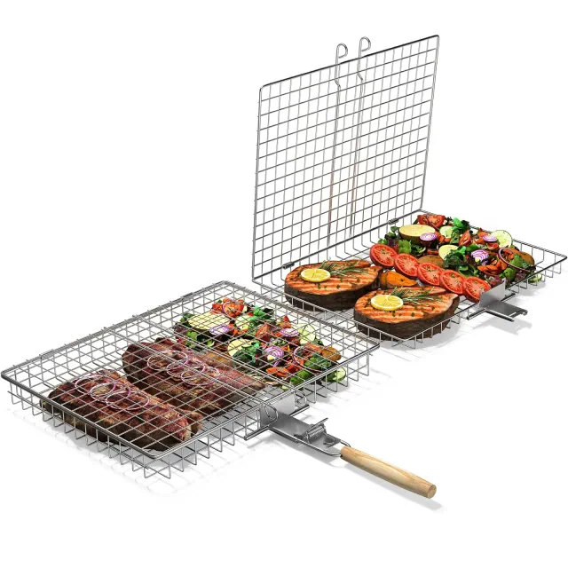 Sorbus 2 Pack Stainless Steel Large Folding Barbecue Grilling Basket with Handle - for Fish, Shrimp, Vegetables, Grilling Accessories, Outdoor Cooking