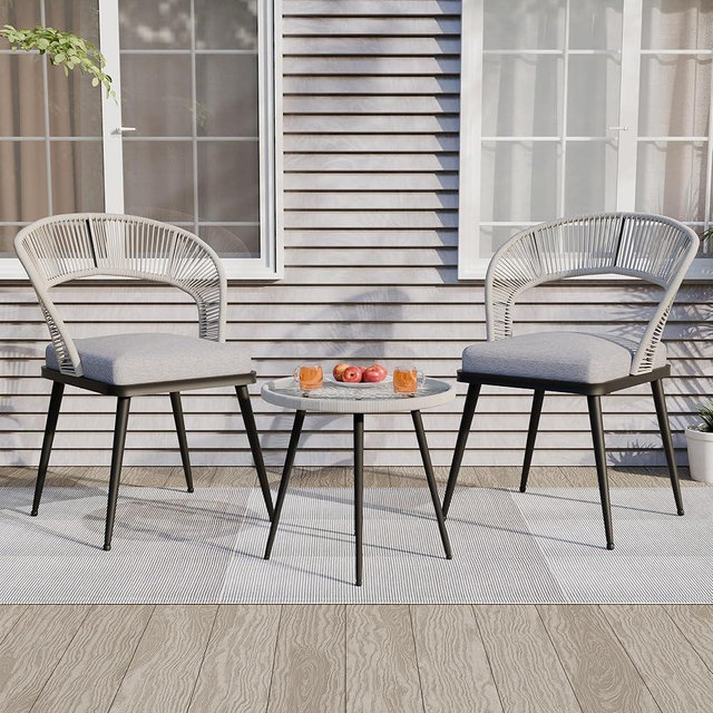 DYHOME 3 Pieces Handmade Rope Woven Patio Furniture, Cutout Backrest Patio Furniture Set for Patio, Pool, Deck Bistro Set, White