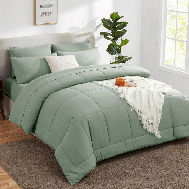 CozyLux Queen Size Comforter Sets - 7 Pieces Bed in a Bag Set Sage Green, Bedding Sets Queen with All Season Quilted Comforter, Flat Sheet, Fitted Sheet, Pillowcases, Sage Green, Queen