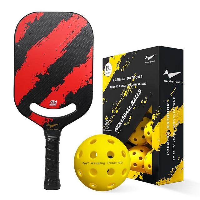 Warping Point Carbon Fiber Pickleball Paddle & 12 Pack Outdoor Practice Pickleball Balls | Aero Throat & Thermoformed Polypropylene Honeycomb Core | Textured Carbon Grit Surface | Power