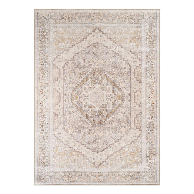 World Rug Gallery Valora Beige Medallion Machine Washable Flatweave Indoor Area Rug with Non-Slip Backing - BEIGE 9'x12'
