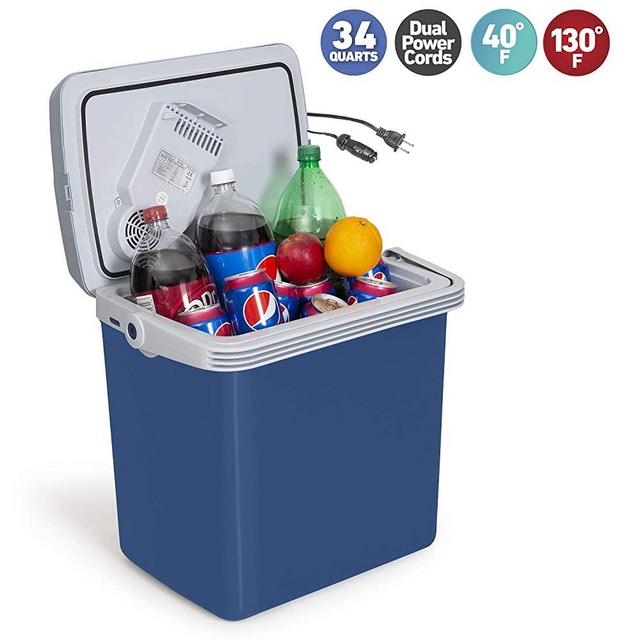 K-Box Electric Cooler and Warmer for Car and Home - 34 Quart (32 Liter) - Dual 110V AC House and 12V DC Vehicle Plugs (Blue)