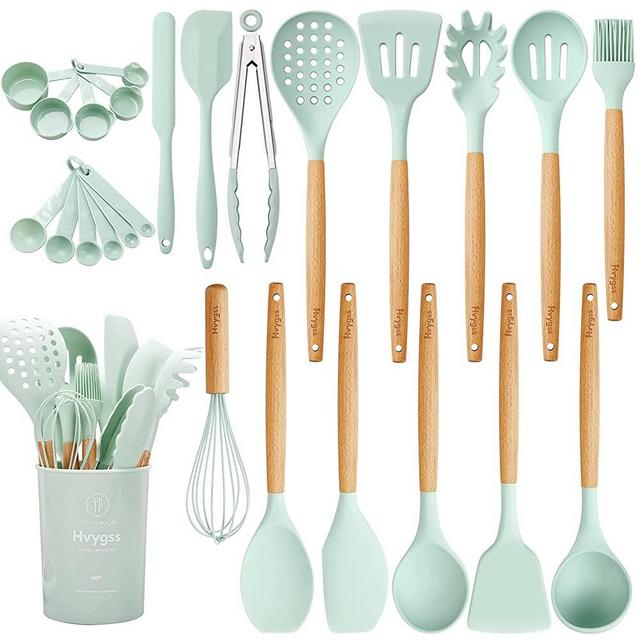 Hvygss Kitchen Cooking Utensils Set, 26 pcs Non-stick Silicone Cooking Kitchen Utensils Set with Holder, Wooden Handle Heat Resistance Silicone Spatula Spoon Kitchen Gadgets Utensils Set (Light Green)