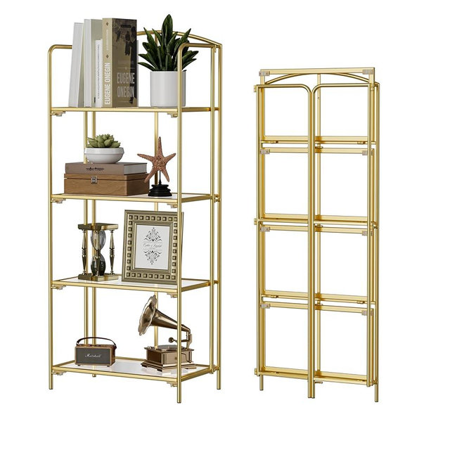 Crofy No Assembly Folding Bookshelf for Living Room, 4 Tier Gold Collapsible Book Shelf for Home Office, Portable Bookcase Storage Organizer