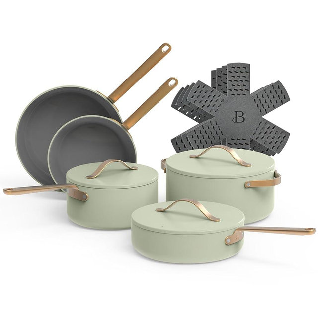 Beautiful 12pc Ceramic Non-Stick Cookware Set, by Drew Barrymore (Green Sage)