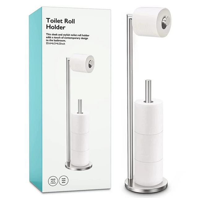 Brushed Nickel Toilet Paper Holder Stand, Bathroom Toilet Paper Roll Holder Stand with Reserve, Free Standing Toilet Paper Holder with Storage