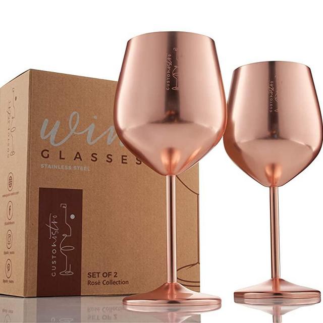 Stemmed Stainless Steel Wine Glasses – 18 oz Unbreakable Goblets for Outdoor Pool Party, Anniversary and Wedding Toasting – Elegant Rose Gold Drinkware for Champagne and Cocktails (Set of 2)