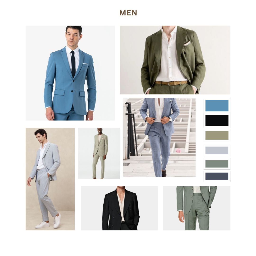For the men, please wear sages, olive, grays, blues, or black. Please no beige, tans or browns.
Outfits should be semi-formal to formal. No polos, sneakers, sandals or jeans.