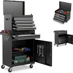 Goplus Tool Chest, 5 Drawers Rolling Tool Cabinet with Detachable Top Toolbox In Black, Universal Lockable Wheels, Lock Bar, Protective Liner & Tool Rack, Metal Tool Storage Cart, Tool Box for Garage Workshop