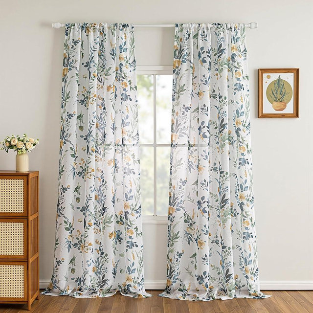 MYSKY HOME Extra Long Curtains for Living Room Floral Curtains 95 Inches Long for Bedroom 2 Pieces Light Filtering Semi Sheer Nursery Rod Pocket Window Treatment Drapes, Yellow and Blue 52 x 95 inch