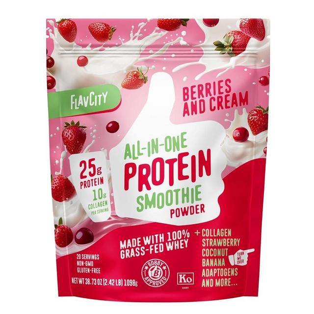 FlavCity Grass Fed Whey Protein Powder - Berries & Cream - 25g Protein & 10g Collagen - Made with Organic Strawberries & Coconut Milk - Gluten Free & No Added Sugars (20 Servings)