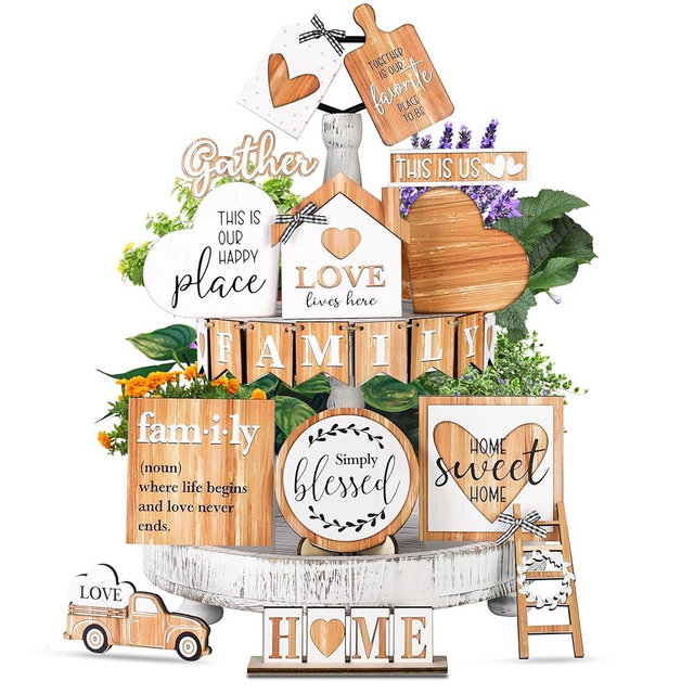Lunlansar Farmhouse Tiered Tray Decor Set, 21 Pcs Rustic Small Signs for Wooden Decorative Tray Kitchen Home Decor for Centerpiece Table, Living Room, and Coffee Bar Shelf Decorations
