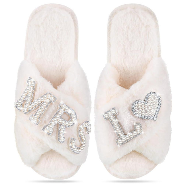 Tarpop Bride Slippers Mrs Slipper for Wedding with Personalized Initial Pearl Design Bridal Gifts