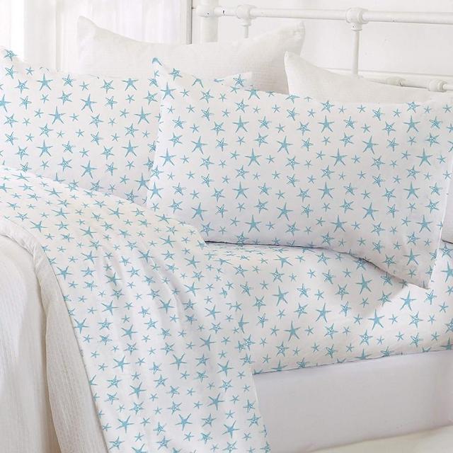 Great Bay Home 4-Piece Queen Coastal Microfiber Sheet Set - Nautical-Printed, Ultra-Soft Sheets - Beach-Themed Bedding Sheets & Pillowcases (Starfish - Blue)