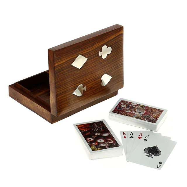Ajuny Handcrafted Decorative Wooden Double Deck Playing Card Box Holder Storage Case Organizer With 2 Set of 'Ace' Playing Cards Brass Inlay Best Gift For Him Her (6.25x4.75x1.5 Inches)