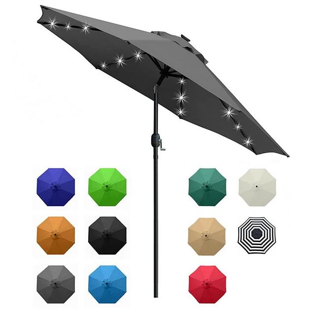 Sunnyglade 9' Solar 24 LED Lighted Umbrella with 8 Ribs Adjustment and Crank Lift System for Patio (Grey)