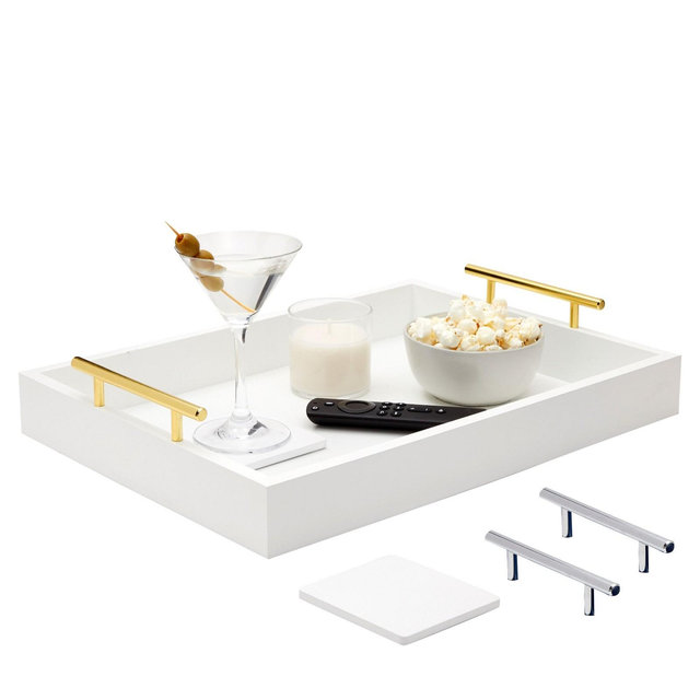 Juvale Decorative Wood Serving Tray with Handles and Coasters, White, 16.5 x 12.2 x 3.1 in