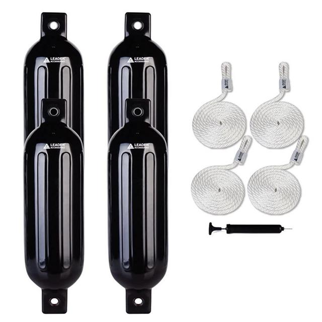 Leader Accessories Ribbed Twin Eyes Boat Fender Pack of 4 Includes 3/8'' Fender Lines Pack of 4 and Pump to Inflate