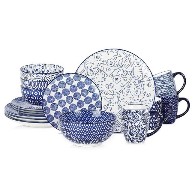 Selamica Ceramic 16-Pieces Dinnerware Set for 4, Ceramic Dishes Set, Kitchen Plates and Bowls Sets, Dinner Salad Dessert Plates, Cereal Bowls and Mugs(Vintage Blue) A