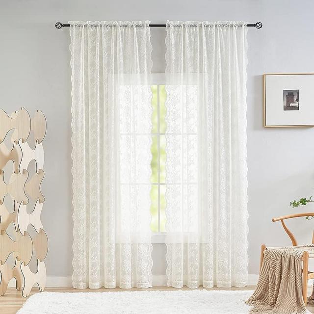 YJ YANJUN Floral Lace Curtains 108 inches Long 2 Panels Set French Country Shabby Chic Sheer Curtains for Living Room Window Light Filtering Rod Pocket 52 x 108 Inch Ivory