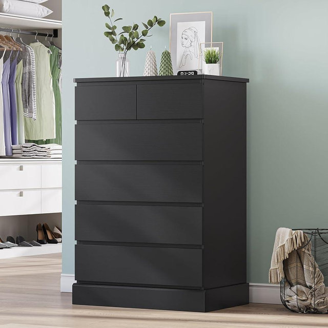 DICTAC Black Tall Dresser for Bedroom with 6 Drawers, 43.9" Tall Dressers & Chests of Drawers, Modern Wood Closet Organizer and Storage Cabinet, Large Vertical Dresser for Bedroom, Closet, Hallway