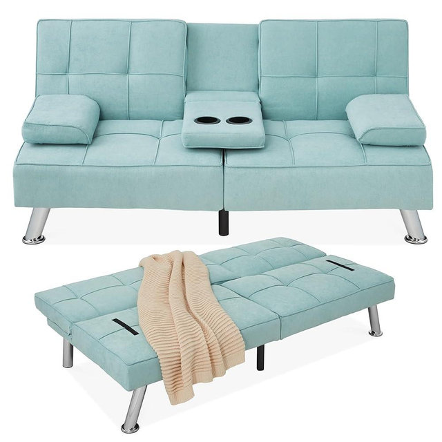 Best Choice Products Linen Modern Folding Futon, Reclining Sofa Bed for Apartment, Dorm w/Removable Armrests, 2 Cupholders - Aqua