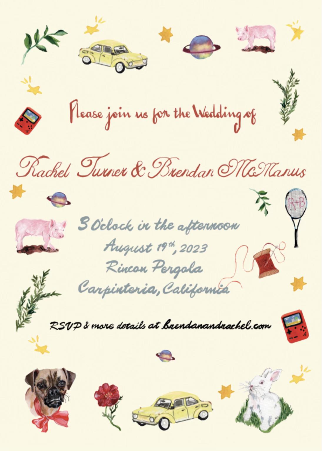 Our wedding invitations were hand painted by one of our favorite artists, Laura Chautin. You can find more of her work here: https://www.laura-chautin.com