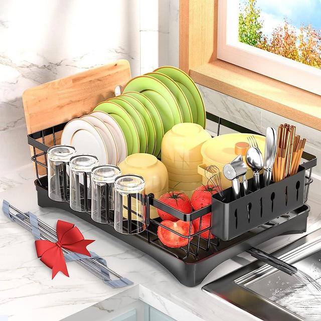 Dish Drying Rack, Large Stainless Steel Dish Rack, 1 Tier Dish Rack Counter, Kitchen Storage Rack for Dishes, Over Sink Dish Drying with Drainboard, Triangle Drainer and Utensil Rack (L16.9"*W12.5")