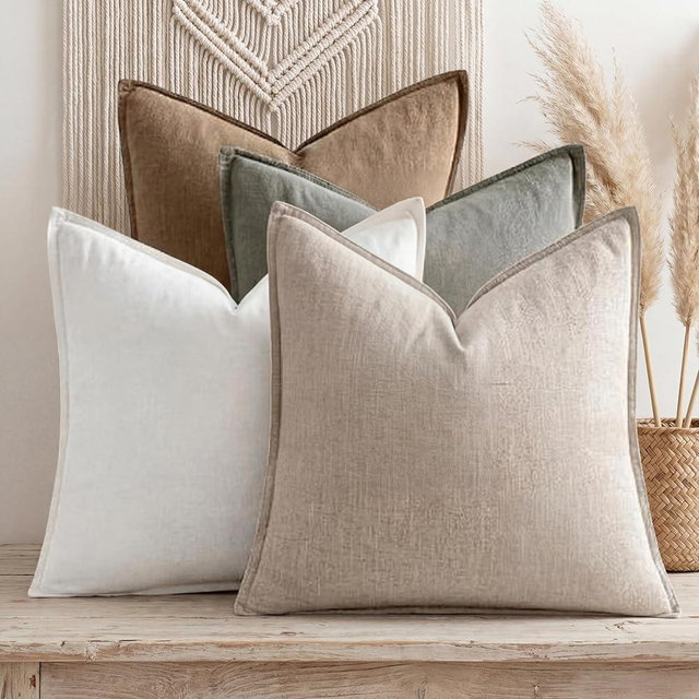 CrystalSylara 4 Pack 18x18 Inch Linen Pillow Covers Decorative Neutral Linen Throw Pillows Cases, Soft Rustic Cushions Boho Farmhouse Pillowcases for Bed Sofa Living Room Spring Decor(Neutral Color)