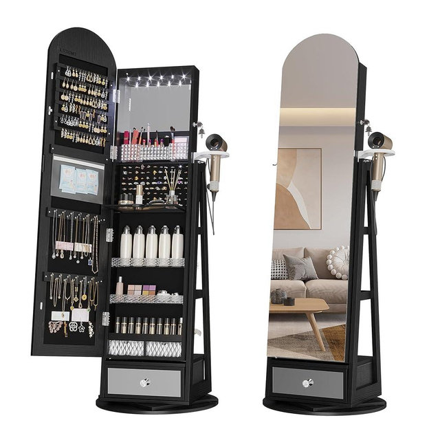 LVSOMT 360° Swivel Arched Jewelry Mirror Cabinet, 64"H Standing Jewelry Armoire with 6 LED Lights, Lockable Jewelry Organizer, Arch Full Length Mirror with Storage, Inner Makeup Shelf, Drawers (Black)