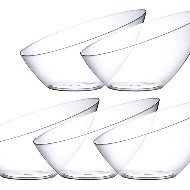 Posh Setting Crystal Clear, Disposable Premium Hard Plastic Medium Angled Bowl, Party, Salad, Snack and Fruit Bowl 5 Pack