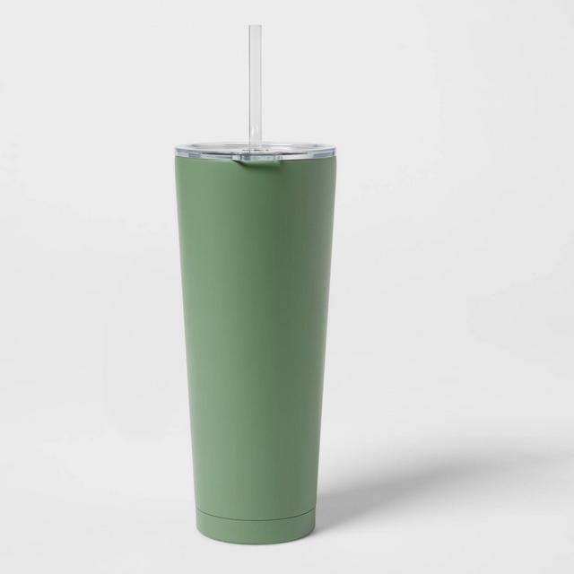25oz Stainless Steel Vacuum Tumbler with Straw & Slide Lid Solid Matte Crisp Green - Room Essentials™