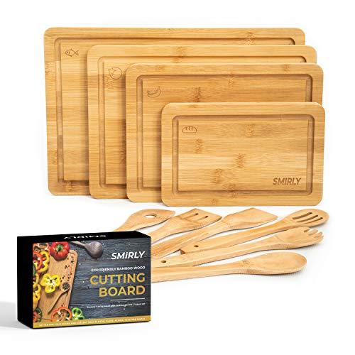 Smirly Bamboo Cutting Board for Kitchen: Set of 4 Butcher Block Wood Cutting Boards with 6 Utensils