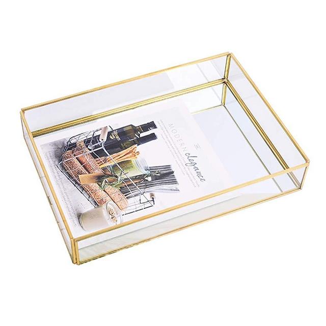 Sooyee Gold Tray Mirror, Rectangle Mirror Tray can Hold Perfume, Jewelry, Cosmetics, Makeup, Magazine and More,Decorative Tray for Vanity,Dresser,Bathroom,Bedroom(12”x8 x2)
