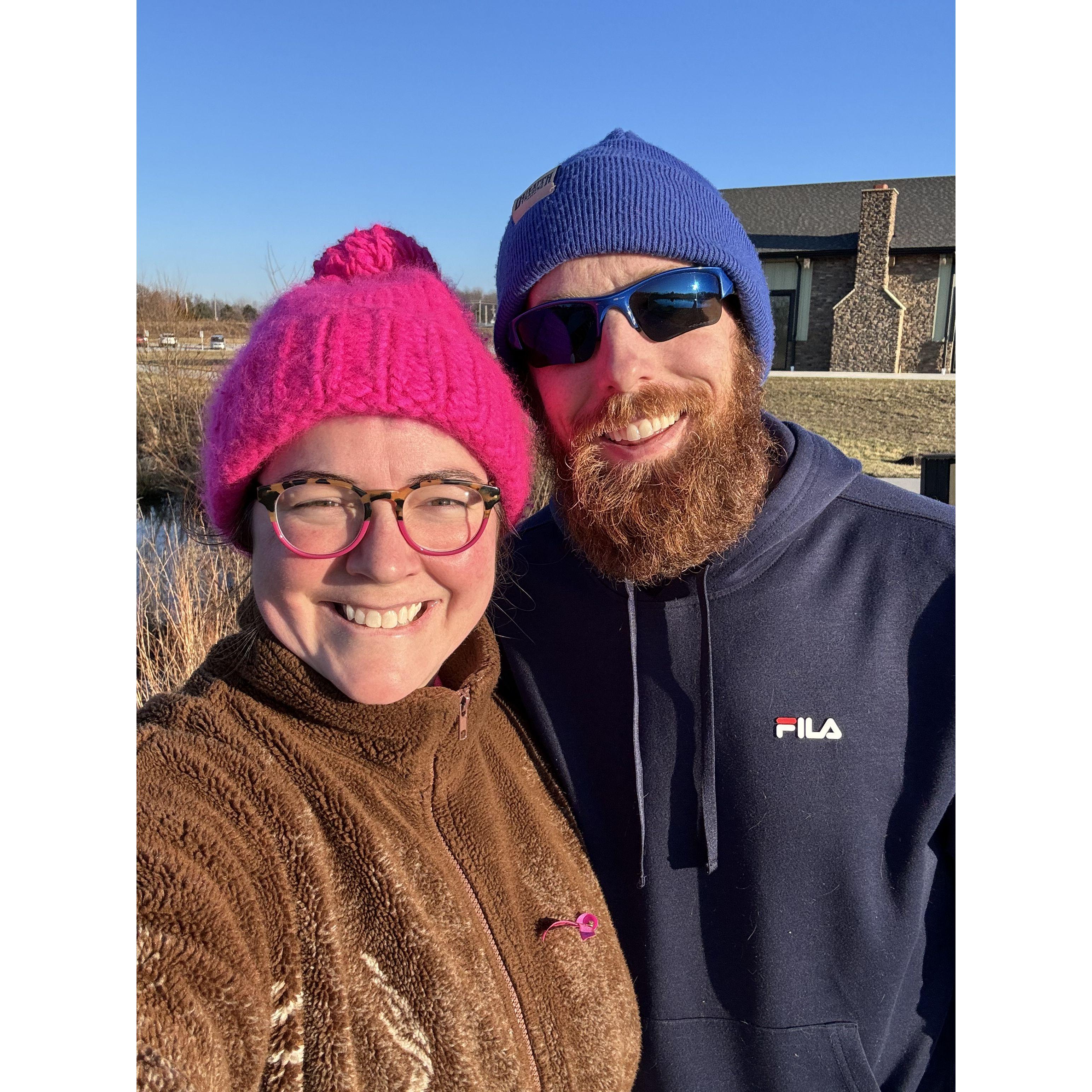 Taking walks around out local park where our wedding reception will be at!