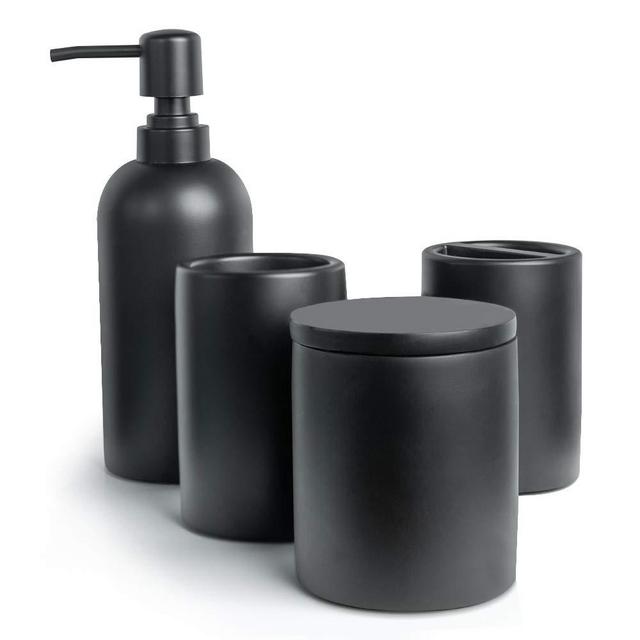 Jo Lavie Bathroom Accessories Set 4 Pcs Mat Black, Modern Decor Vanity Organizer Lotion Soap Dispenser, Apothecary Jar, Toothbrush Holder, Toothbrush Cup