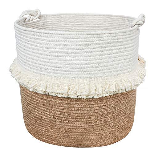 Large Woven Storage Baskets – 16'' x 16'' Cotton and Jute Rope Decorative Hamper for Nursery, Toys, Blankets, and Laundry, Cute Tassel Nursery Decor - Home Storage Container