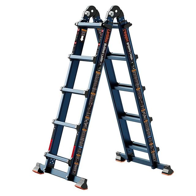 LANBITOU Ladder, A Frame 5 Step Ladder Extension, 17 Ft Anti-Slip Multi Position Ladder, Storage Folding Ladder, 300 lbs Security Load Telescoping Aluminum Ladders for Stairs Home Indoor Outdoor Roof