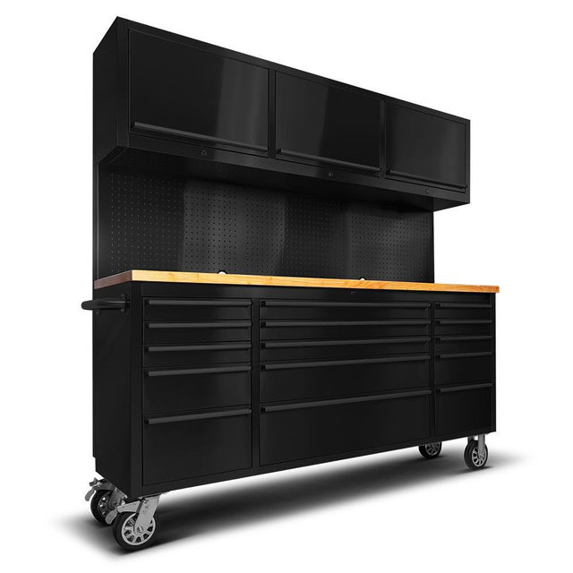 72-Inch Stainless Steel Rolling Tool Chest with 15 Drawers + 3 Upper Cabinets, Mobile Workbench, Assembled Large Tool Box Lockable Storage Cabinet with Wheels for Garage Workshop, Matte Black