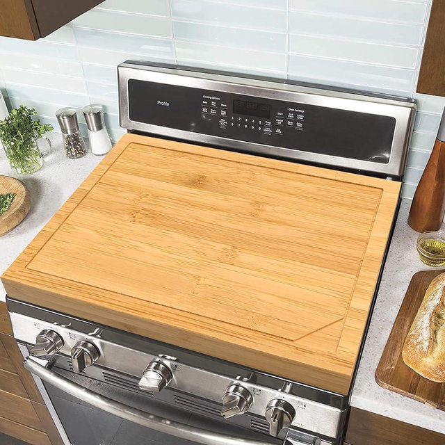 Bamboo Noodle Board Stove Covers with Built-in Handles,Stove Top Covers for Electric Stoves, RV Cookware, Farmhouse Stove Cover Cutting Board with Juice Grooves