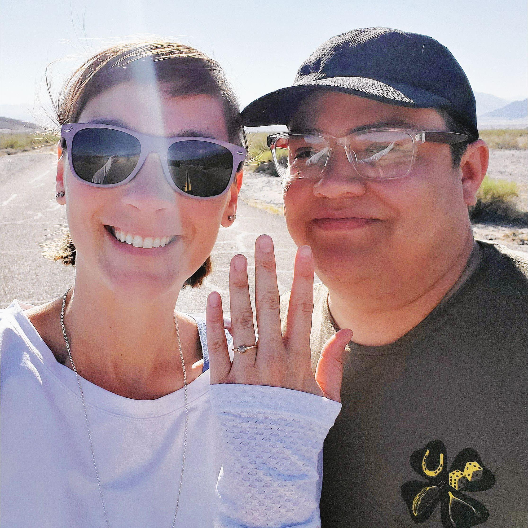 We got engaged! Taken just after he popped the question and she said yes on Zyzzyx Road!