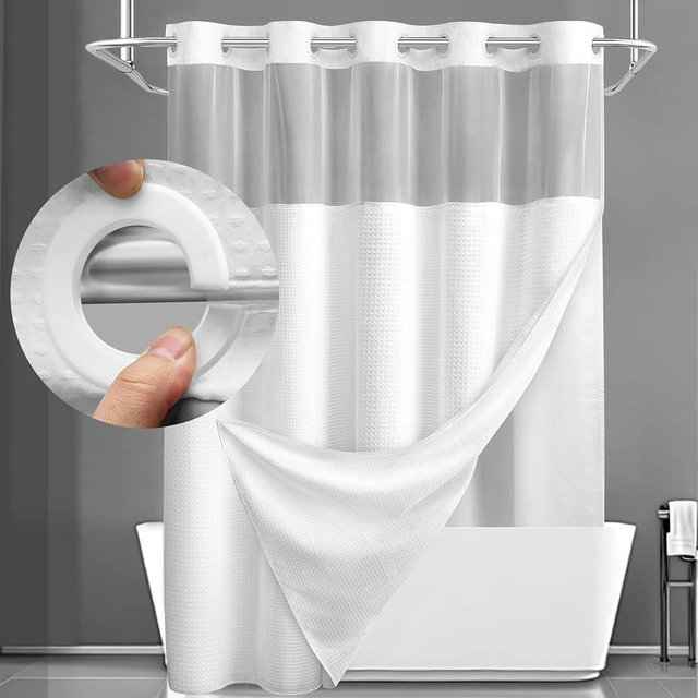YellyHommy No Hook Shower Curtain with Snap in Fabric Liner Set Less Time White Waffle Shower Curtain for Bathroom 75" L x 48" W