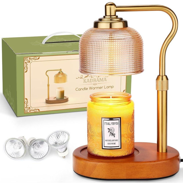 Kadrama Candle Warmer Lamp, Candle Warmer with Timer Dimmer Candle Lamp with 3 Bulbs Gifts for Mom Height Adjustable Electric Wax Melt Warmer for Scented Candle Jars Bedroom Home Decor, Gold