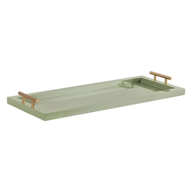 Kate and Laurel Halsey Rectangle Decorative Narrow Tray with Gold Metal Handles, 24 x 10, Green and Gold, Modern Glam Slim Serving Tray with Handles for Living Room Decor