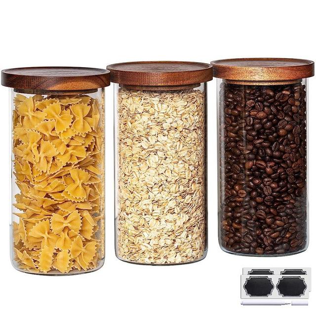 Laramaid 45oz 3Pack Glass Jars Set, Round Pantry Jars with Brown Acacia Lids, Black Labels and White Pen, Minimalist Food Storage Containers for Home, Kitchen and Pantry